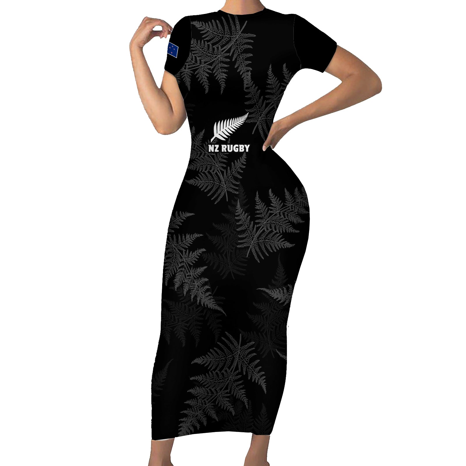Custom New Zealand Silver Fern Rugby Short Sleeve Bodycon Dress 2023 Go Aotearoa Champions World Cup LT14 Long Dress Black - Polynesian Pride