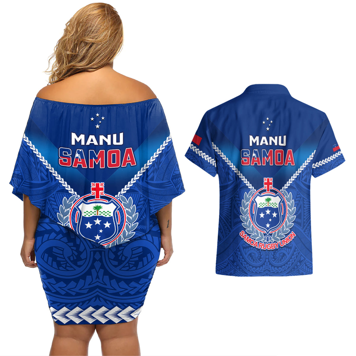 Samoa Rugby Couples Matching Off Shoulder Short Dress and Hawaiian Shirt 2023 Go Manu Samoa LT14 - Polynesian Pride