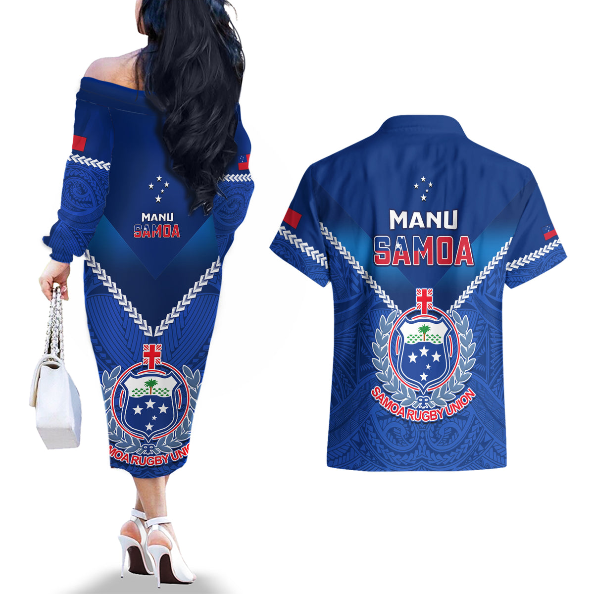 Samoa Rugby Couples Matching Off The Shoulder Long Sleeve Dress and Hawaiian Shirt 2023 Go Manu Samoa LT14 - Polynesian Pride