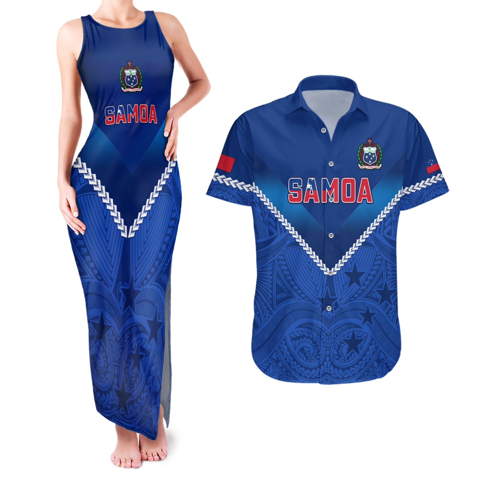 Samoa Rugby Couples Matching Tank Maxi Dress and Hawaiian Shirt 2023 Go Manu Samoa LT14 Blue - Polynesian Pride