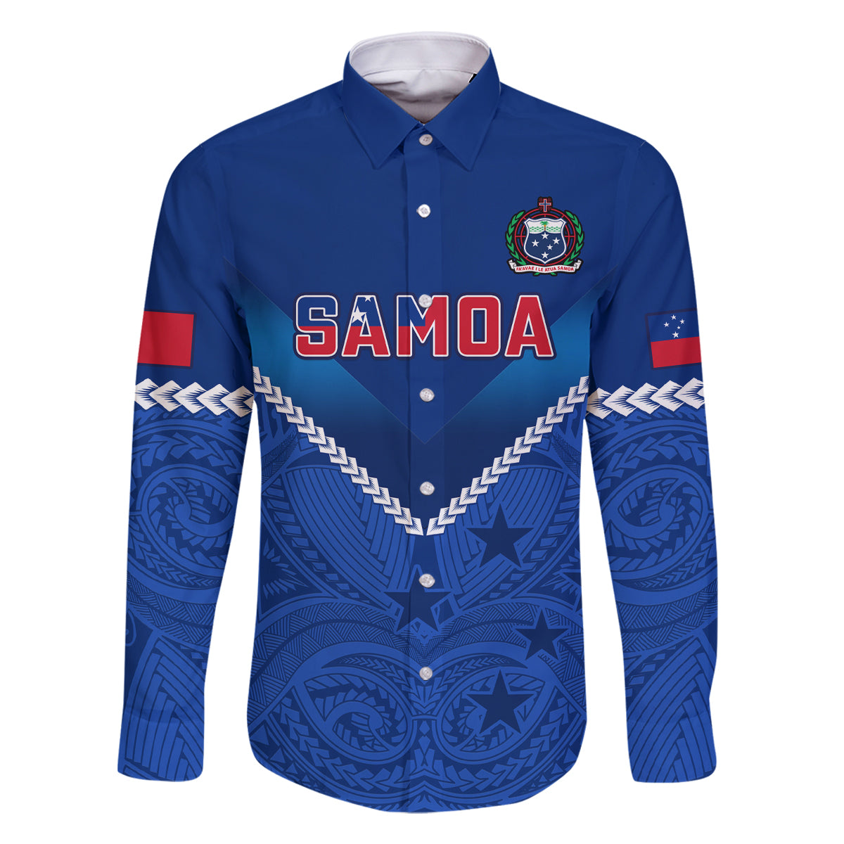 Samoa Rugby Family Matching Off Shoulder Short Dress and Hawaiian Shirt 2023 Go Manu Samoa LT14 Dad's Shirt - Long Sleeve Blue - Polynesian Pride