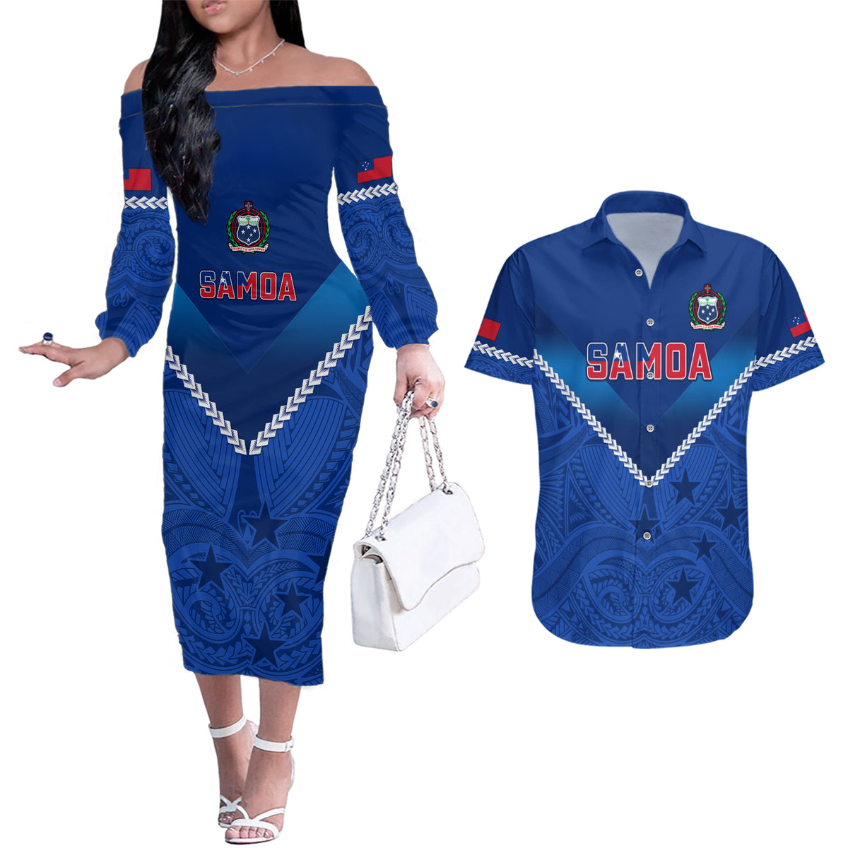 Custom Samoa Rugby Couples Matching Off The Shoulder Long Sleeve Dress and Hawaiian Shirt 2023 Go Manu Samoa LT14 Blue - Polynesian Pride