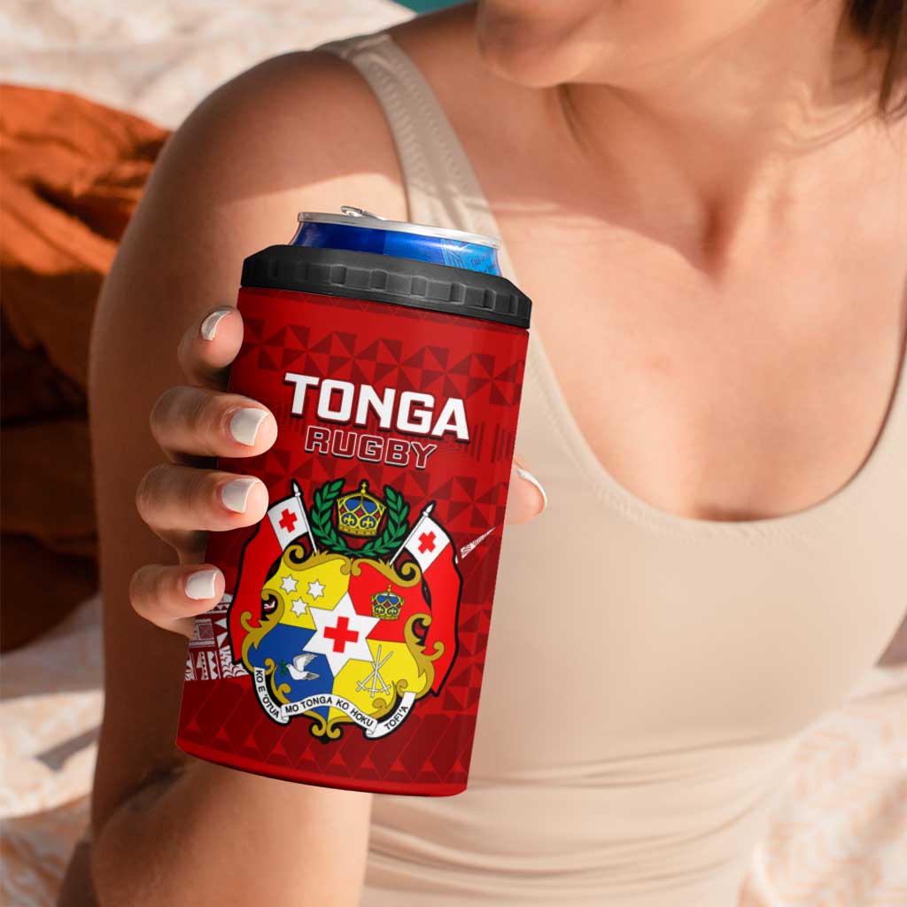 Personalised Tonga Rugby 4 in 1 Can Cooler Tumbler Ikale Tahi Tongan Ngatu Pattern