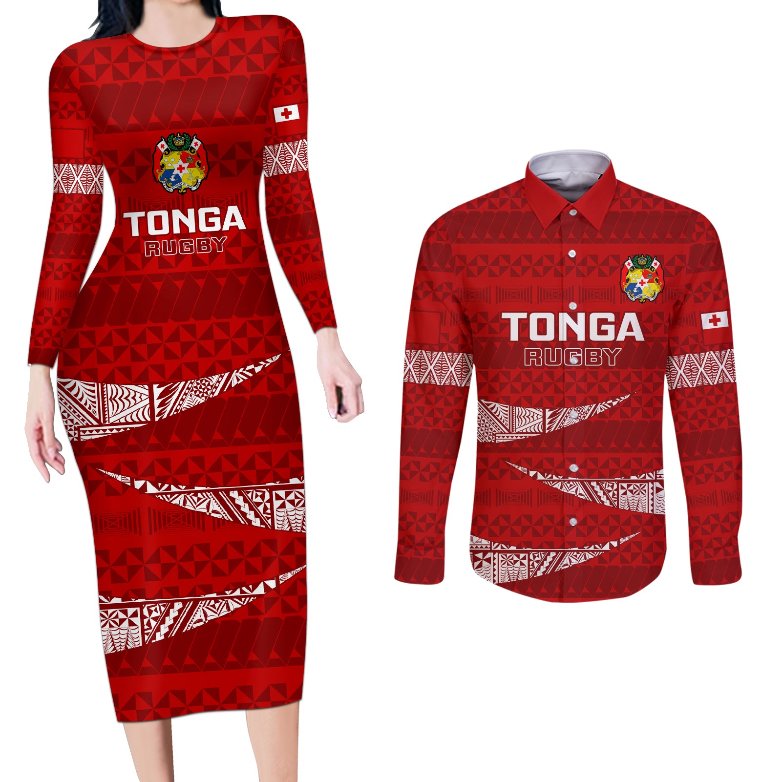 Tonga Rugby Couples Matching Long Sleeve Bodycon Dress and Long Sleeve Button Shirts 2023 Ikale Tahi Tongan Ngatu Pattern LT14 Red - Polynesian Pride