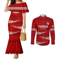 Tonga Rugby Couples Matching Mermaid Dress and Long Sleeve Button Shirts 2023 Ikale Tahi Tongan Ngatu Pattern LT14 Red - Polynesian Pride