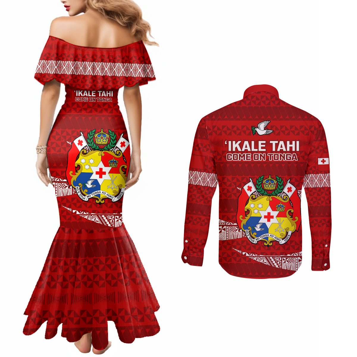 Tonga Rugby Couples Matching Mermaid Dress and Long Sleeve Button Shirts 2023 Ikale Tahi Tongan Ngatu Pattern LT14 - Polynesian Pride
