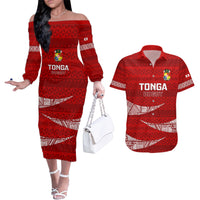 Tonga Rugby Couples Matching Off The Shoulder Long Sleeve Dress and Hawaiian Shirt 2023 Ikale Tahi Tongan Ngatu Pattern LT14 Red - Polynesian Pride