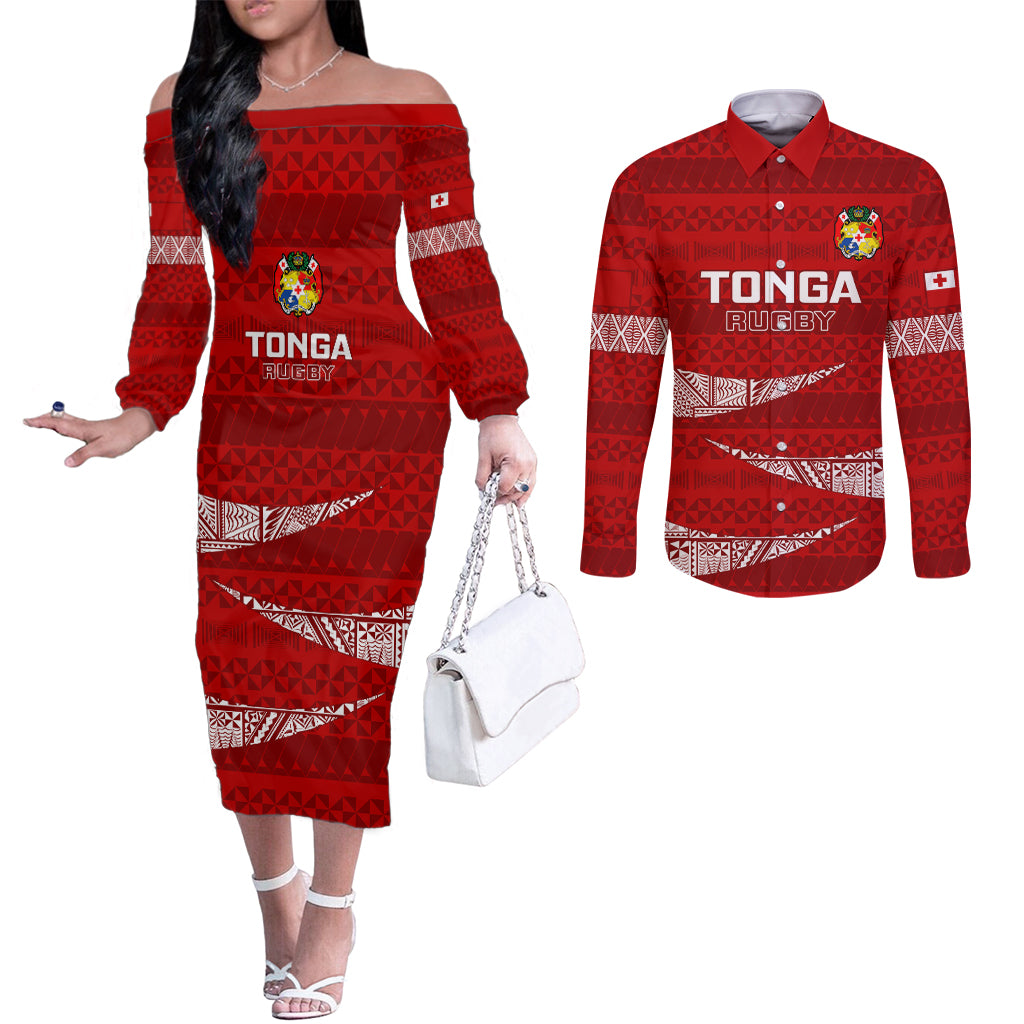 Tonga Rugby Couples Matching Off The Shoulder Long Sleeve Dress and Long Sleeve Button Shirts 2023 Ikale Tahi Tongan Ngatu Pattern LT14 Red - Polynesian Pride
