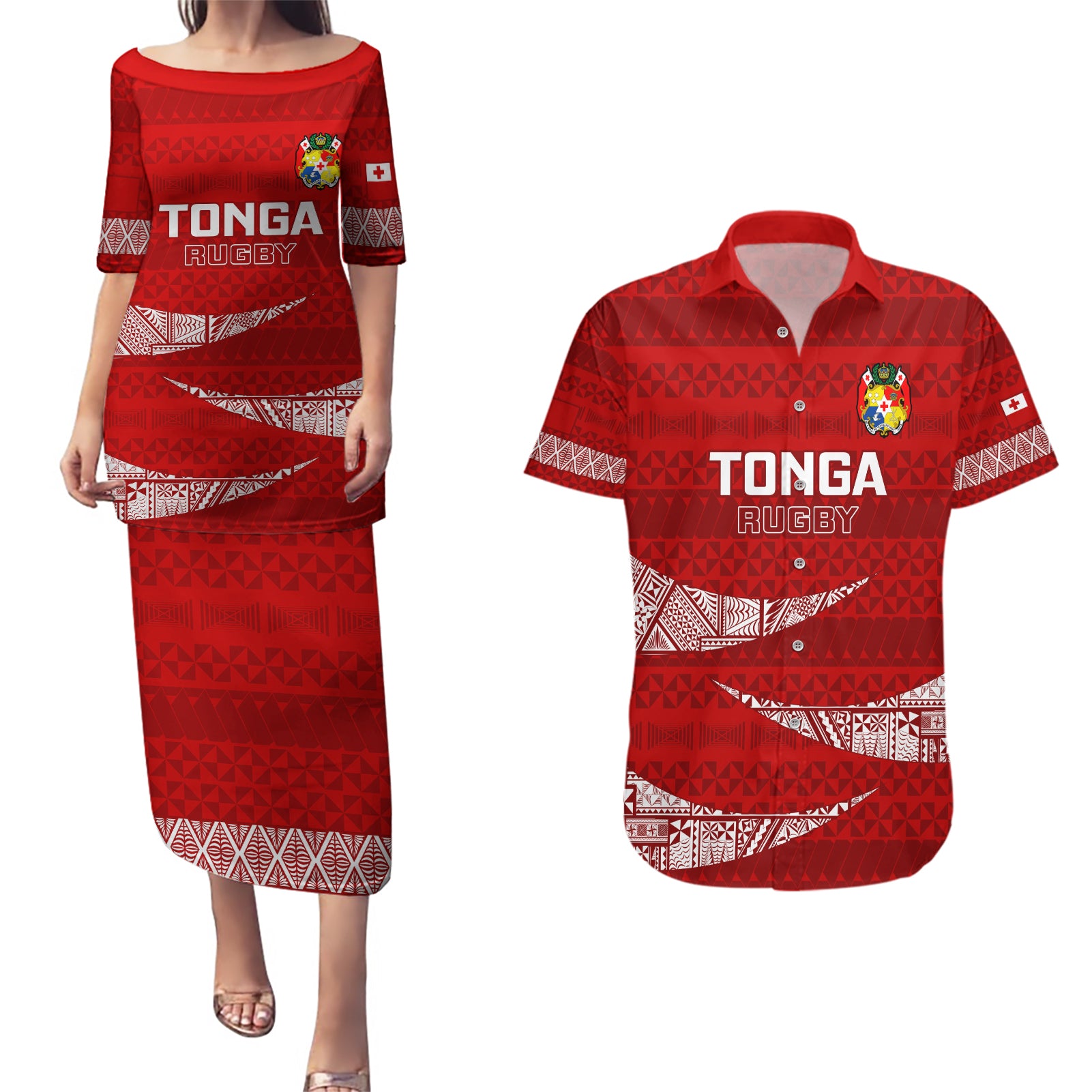 Tonga Rugby Couples Matching Puletasi Dress and Hawaiian Shirt 2023 Ikale Tahi Tongan Ngatu Pattern LT14 Red - Polynesian Pride