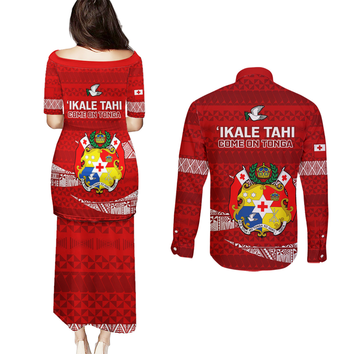 Tonga Rugby Couples Matching Puletasi Dress and Long Sleeve Button Shirts 2023 Ikale Tahi Tongan Ngatu Pattern LT14 - Polynesian Pride