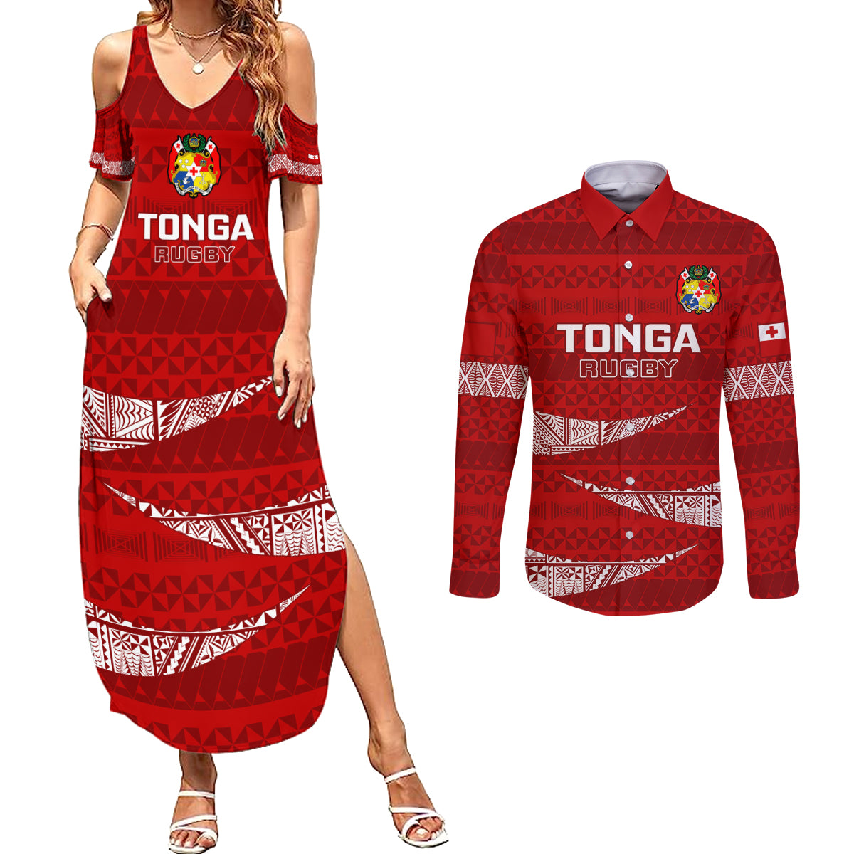 Tonga Rugby Couples Matching Summer Maxi Dress and Long Sleeve Button Shirts 2023 Ikale Tahi Tongan Ngatu Pattern LT14 Red - Polynesian Pride