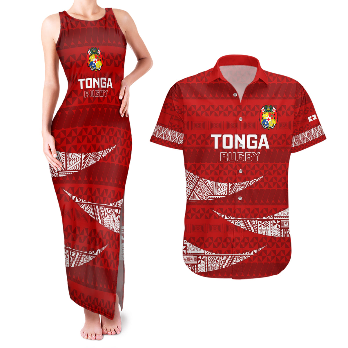 Tonga Rugby Couples Matching Tank Maxi Dress and Hawaiian Shirt 2023 Ikale Tahi Tongan Ngatu Pattern LT14 Red - Polynesian Pride