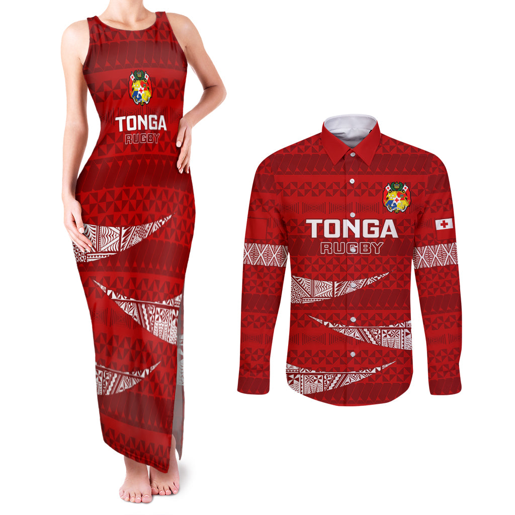 Tonga Rugby Couples Matching Tank Maxi Dress and Long Sleeve Button Shirts 2023 Ikale Tahi Tongan Ngatu Pattern LT14 Red - Polynesian Pride