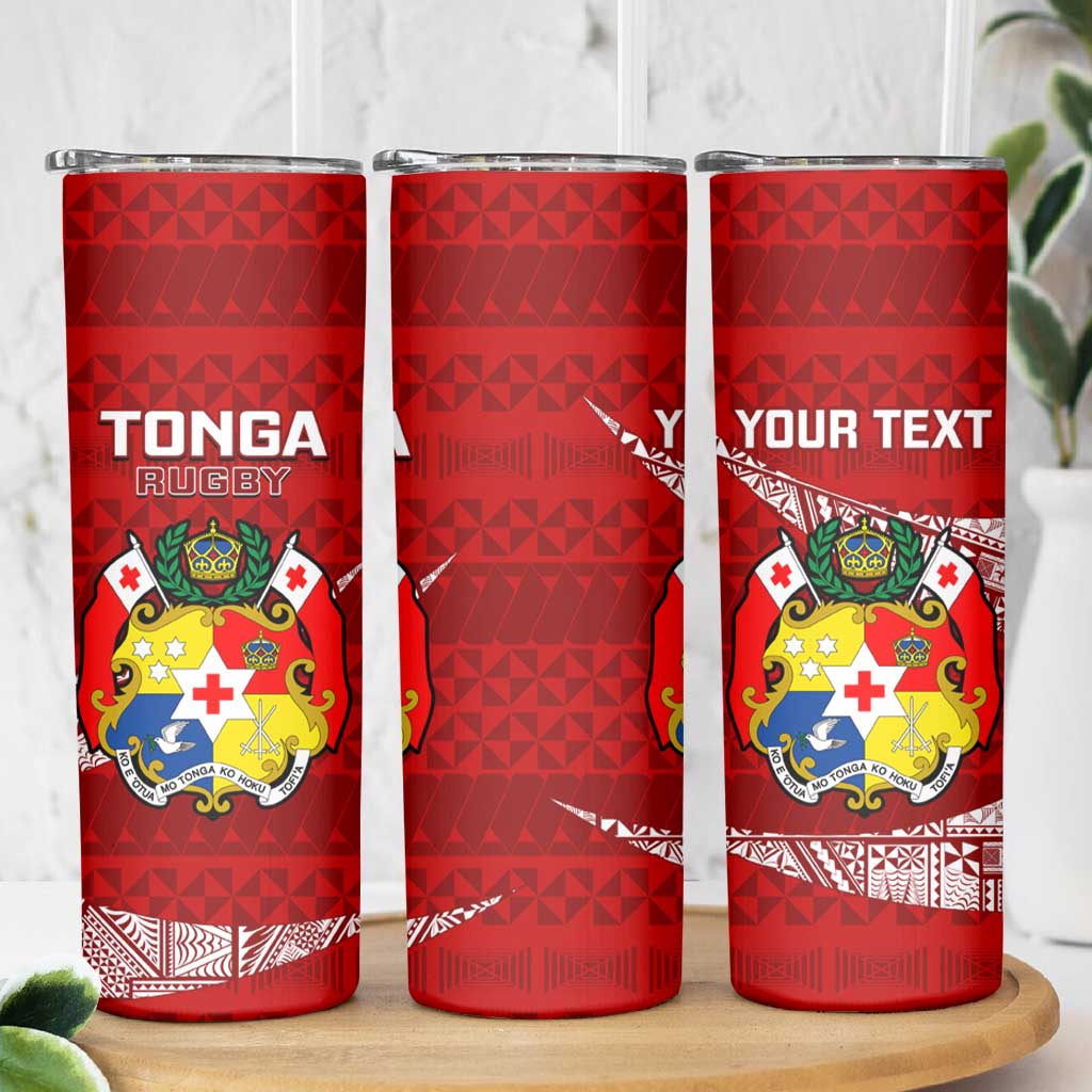 Personalised Tonga Rugby Skinny Tumbler Ikale Tahi Tongan Ngatu Pattern