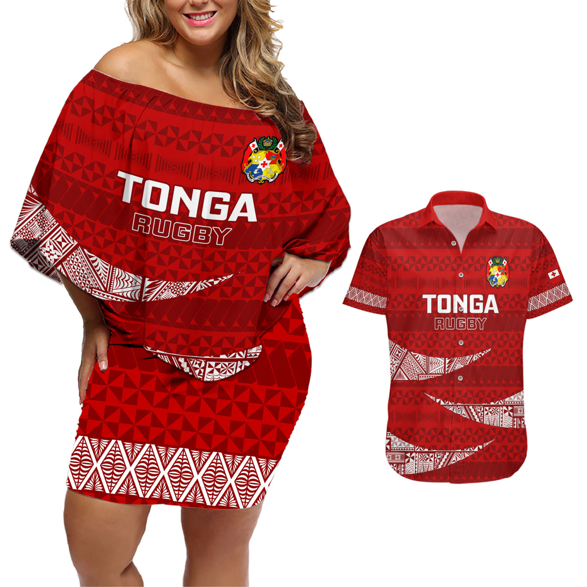Custom Tonga Rugby Couples Matching Off Shoulder Short Dress and Hawaiian Shirt 2023 Ikale Tahi Tongan Ngatu Pattern LT14 Red - Polynesian Pride