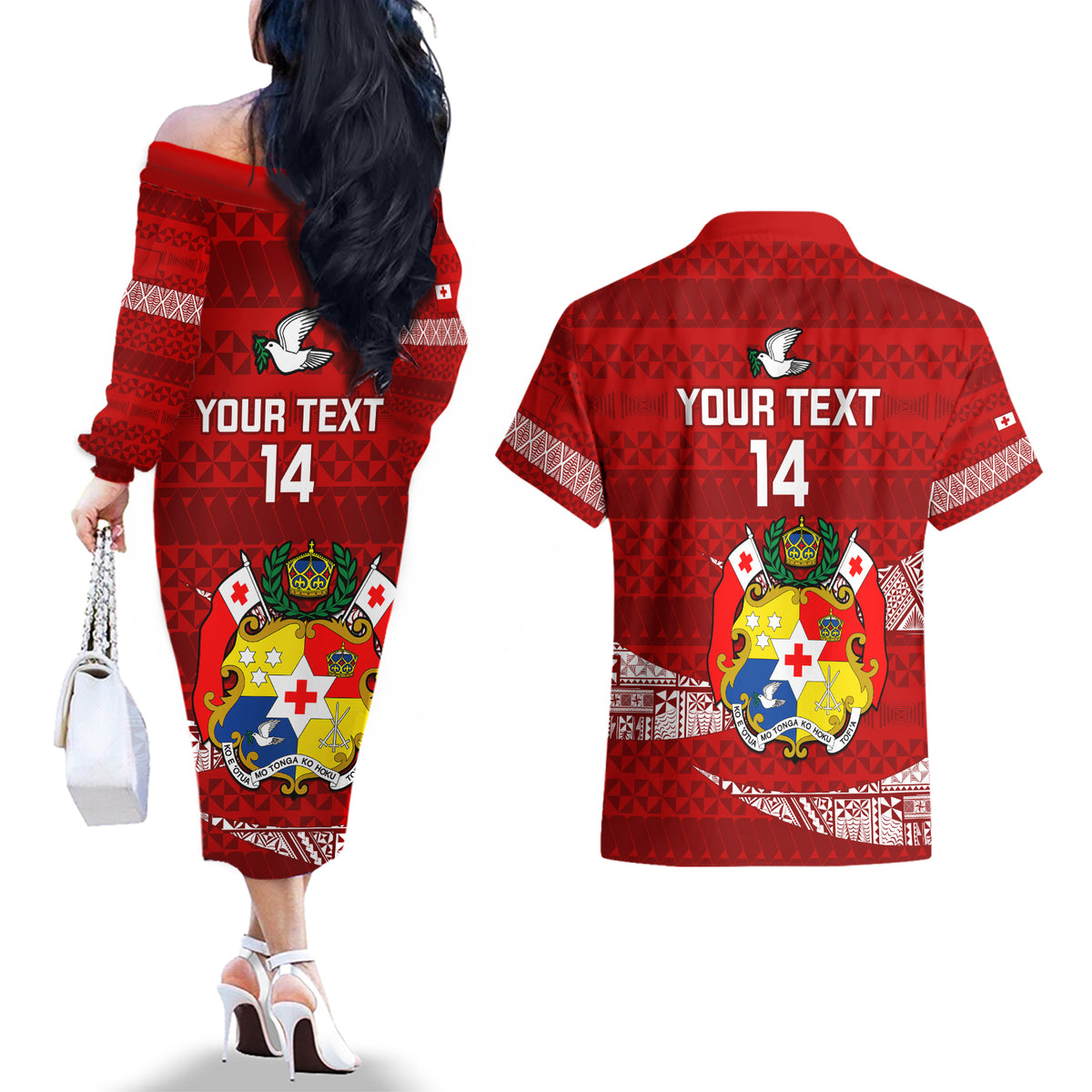 Custom Tonga Rugby Couples Matching Off The Shoulder Long Sleeve Dress and Hawaiian Shirt 2023 Ikale Tahi Tongan Ngatu Pattern LT14 - Polynesian Pride