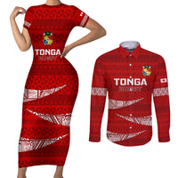 Custom Tonga Rugby Couples Matching Short Sleeve Bodycon Dress and Long Sleeve Button Shirts 2023 Ikale Tahi Tongan Ngatu Pattern LT14 Red - Polynesian Pride