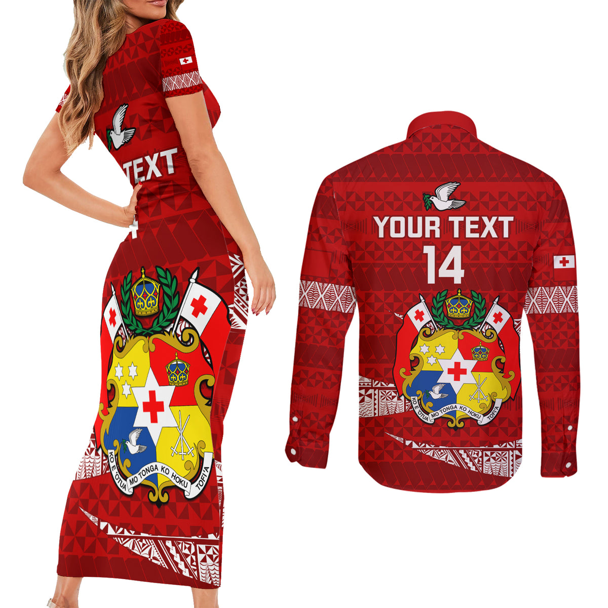 Custom Tonga Rugby Couples Matching Short Sleeve Bodycon Dress and Long Sleeve Button Shirts 2023 Ikale Tahi Tongan Ngatu Pattern LT14 - Polynesian Pride