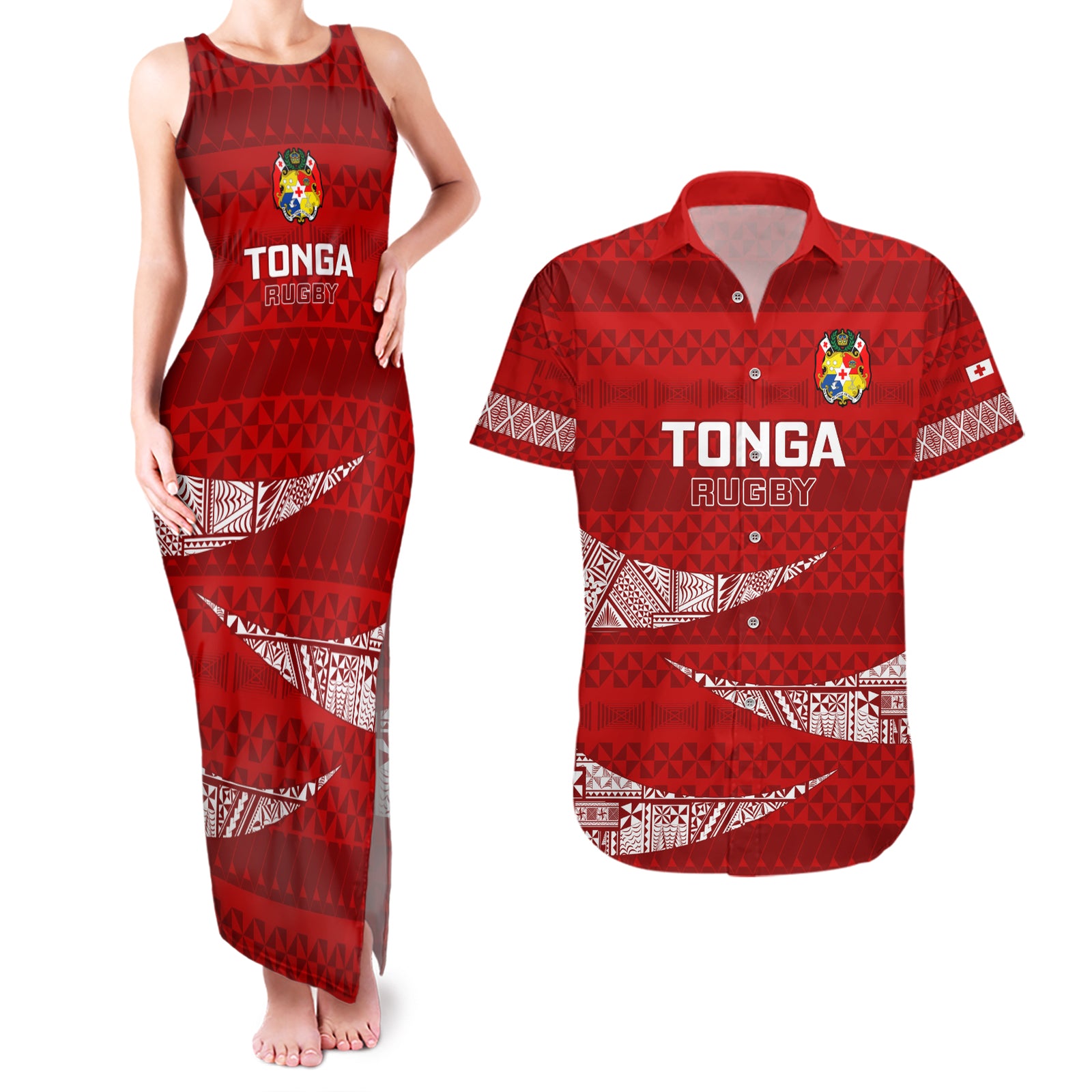 Custom Tonga Rugby Couples Matching Tank Maxi Dress and Hawaiian Shirt 2023 Ikale Tahi Tongan Ngatu Pattern LT14 Red - Polynesian Pride
