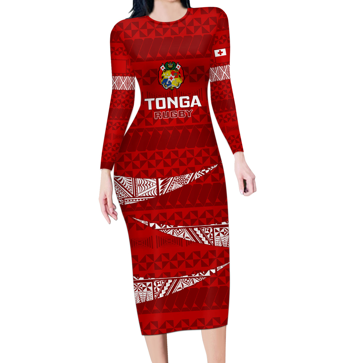 Custom Tonga Rugby Long Sleeve Bodycon Dress 2023 Ikale Tahi Tongan Ngatu Pattern LT14 Long Dress Red - Polynesian Pride