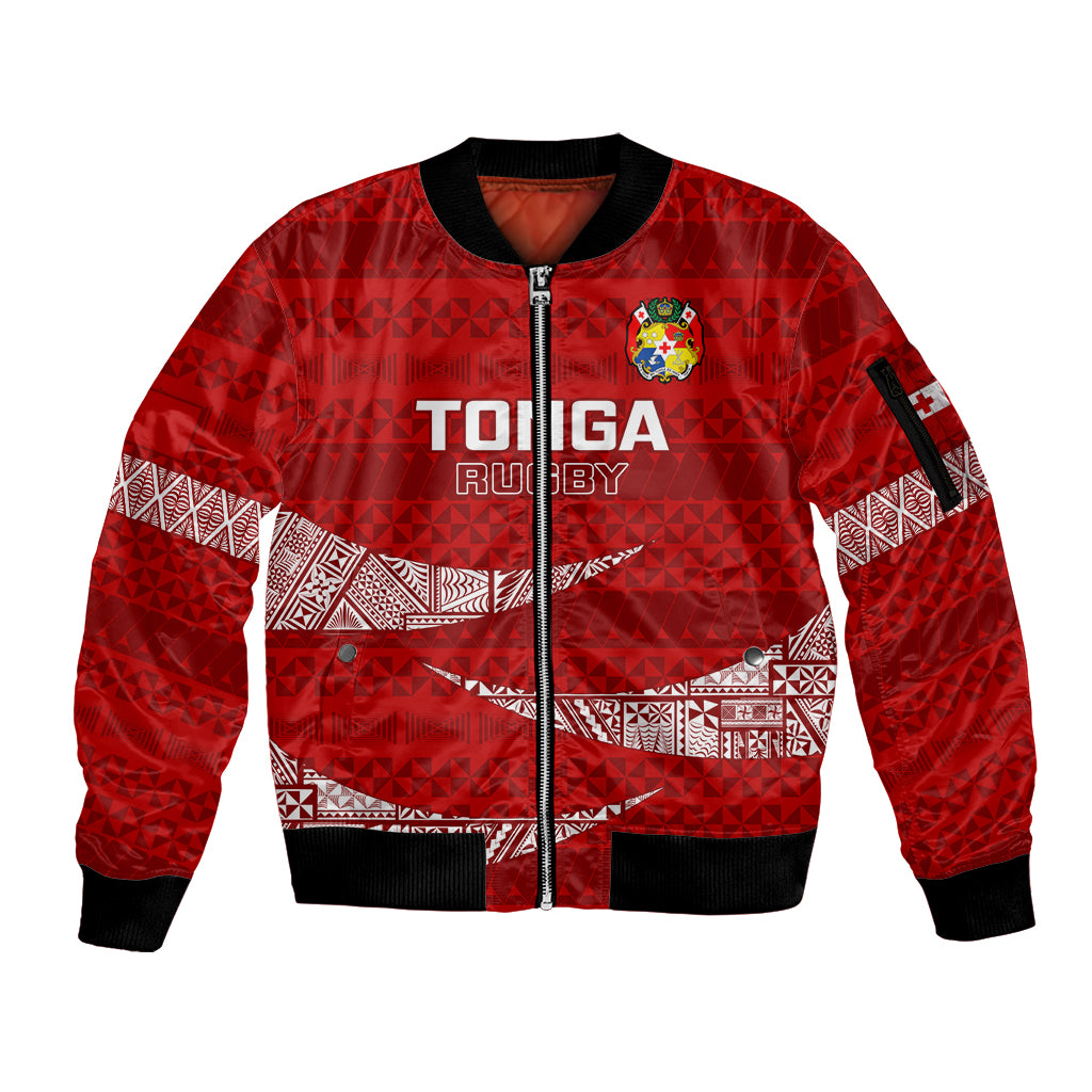 Custom Tonga Rugby Sleeve Zip Bomber Jacket 2023 Ikale Tahi Tongan Ngatu Pattern LT14 Unisex Red - Polynesian Pride