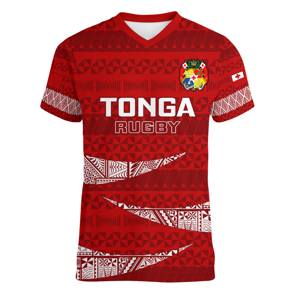 Custom Tonga Rugby Women V Neck T Shirt 2023 Ikale Tahi Tongan Ngatu Pattern LT14 Female Red - Polynesian Pride
