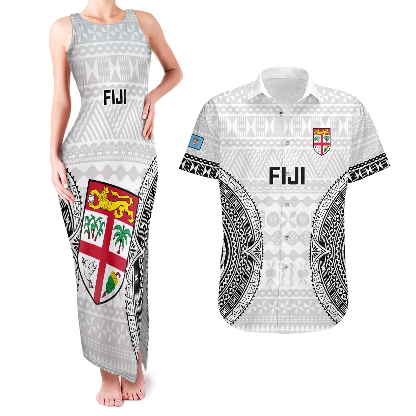 Fiji Rugby Couples Matching Tank Maxi Dress and Hawaiian Shirt 2023 Go Champions World Cup Fijian Tapa Pattern LT14 White - Polynesian Pride