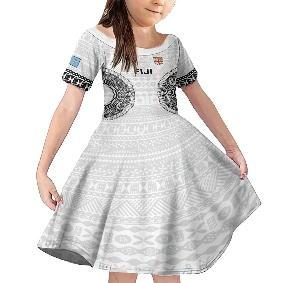 Fiji Rugby Family Matching Mermaid Dress and Hawaiian Shirt 2023 Go Champions World Cup Fijian Tapa Pattern LT14 Daughter's Dress White - Polynesian Pride