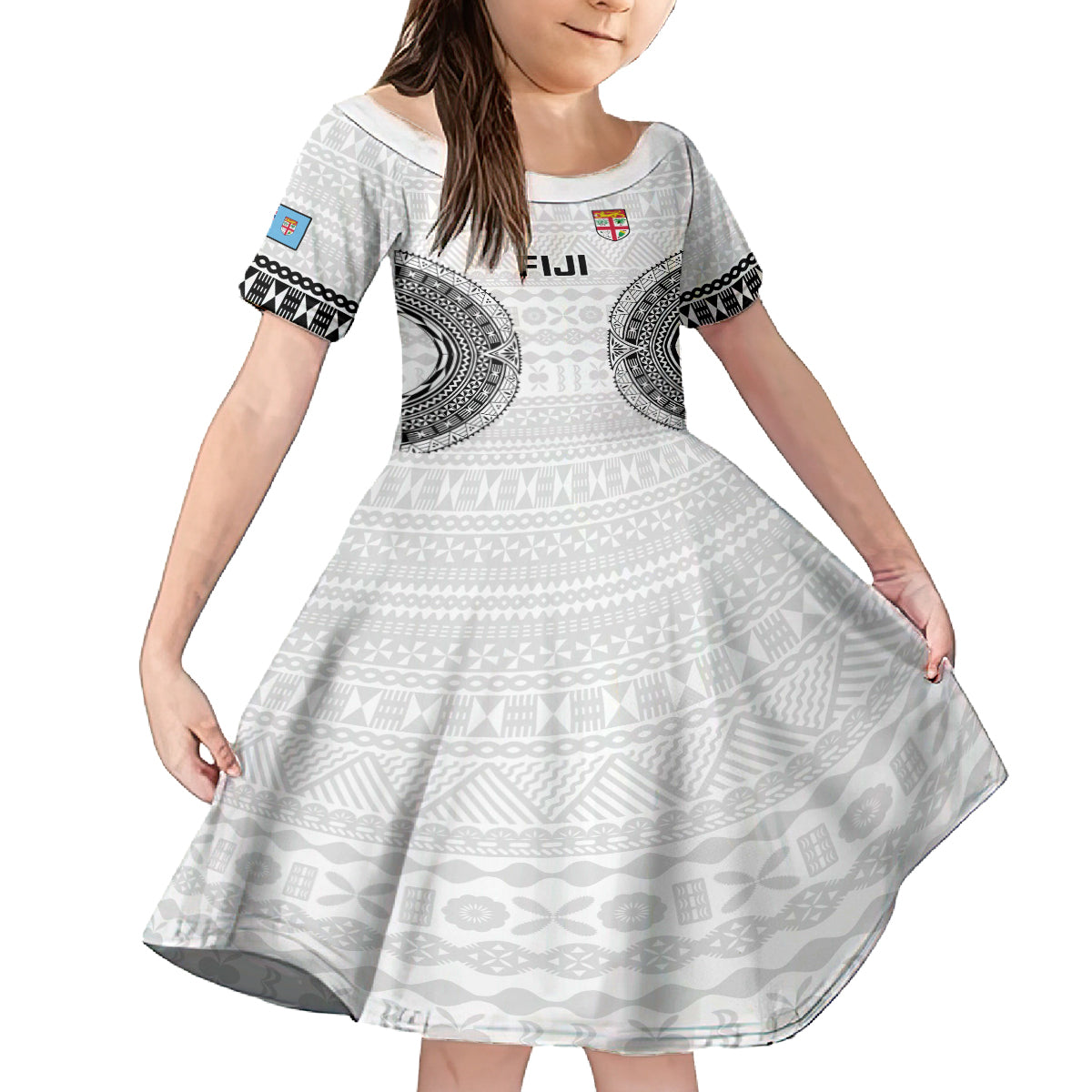 Fiji Rugby Family Matching Off Shoulder Maxi Dress and Hawaiian Shirt 2023 Go Champions World Cup Fijian Tapa Pattern LT14 Daughter's Dress White - Polynesian Pride