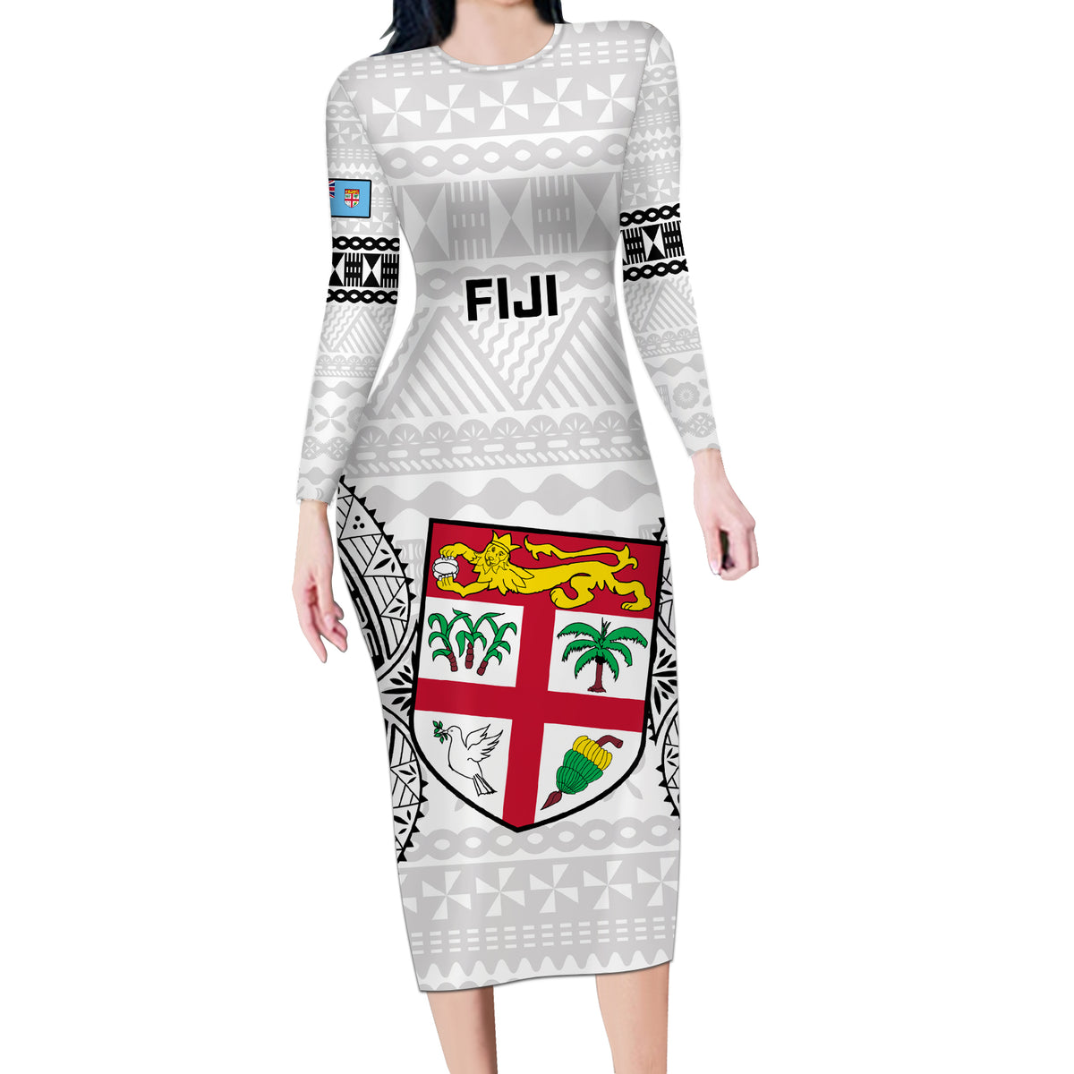 Fiji Rugby Long Sleeve Bodycon Dress 2023 Go Champions World Cup Fijian Tapa Pattern LT14 Long Dress White - Polynesian Pride
