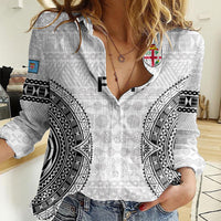 Fiji Rugby Women Casual Shirt 2023 Go Champions World Cup Fijian Tapa Pattern LT14 Female White - Polynesian Pride