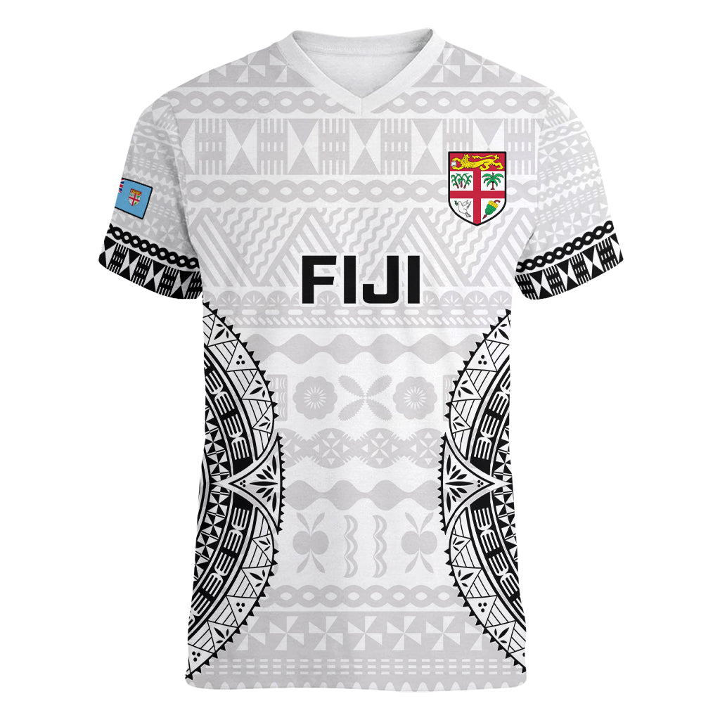 Fiji Rugby Women V Neck T Shirt 2023 Go Champions World Cup Fijian Tapa Pattern LT14 Female White - Polynesian Pride