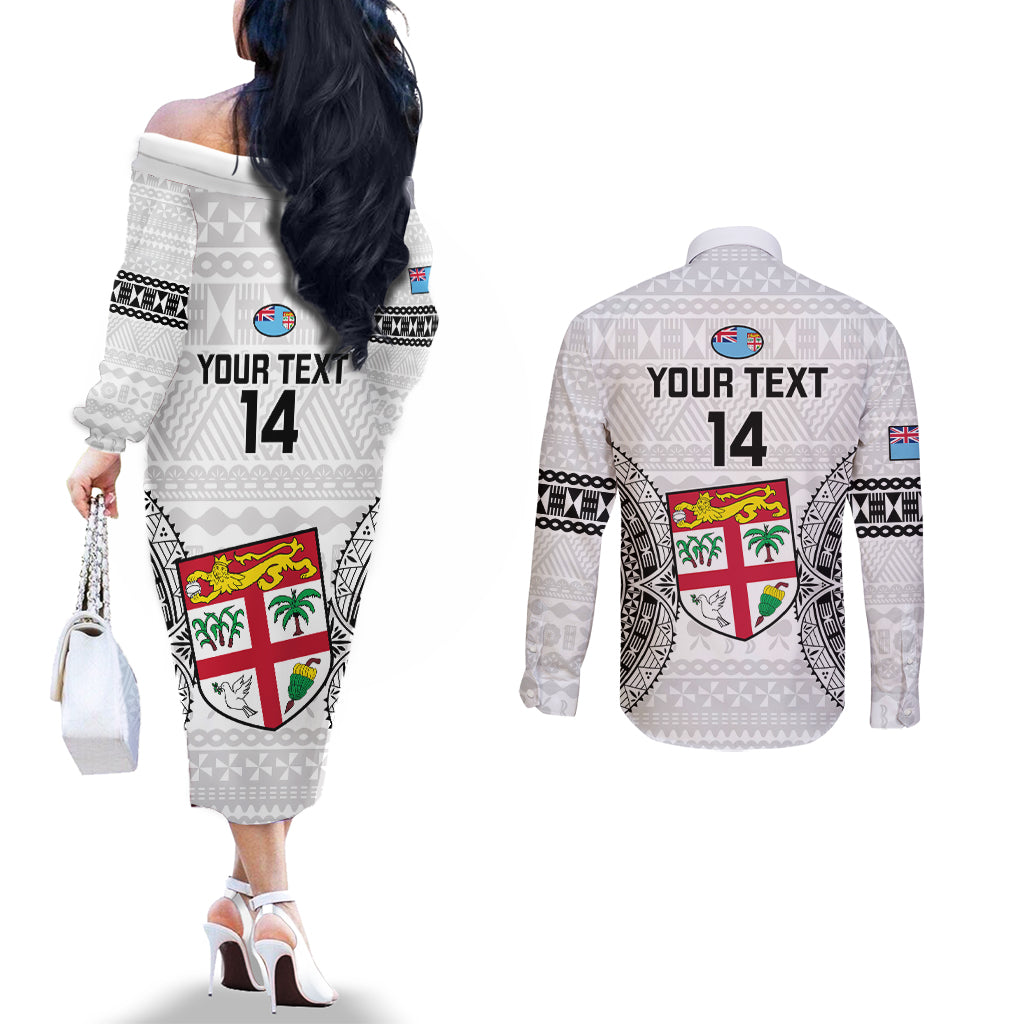 Custom Fiji Rugby Couples Matching Off The Shoulder Long Sleeve Dress and Long Sleeve Button Shirts 2023 Go Champions World Cup Fijian Tapa Pattern LT14 - Polynesian Pride