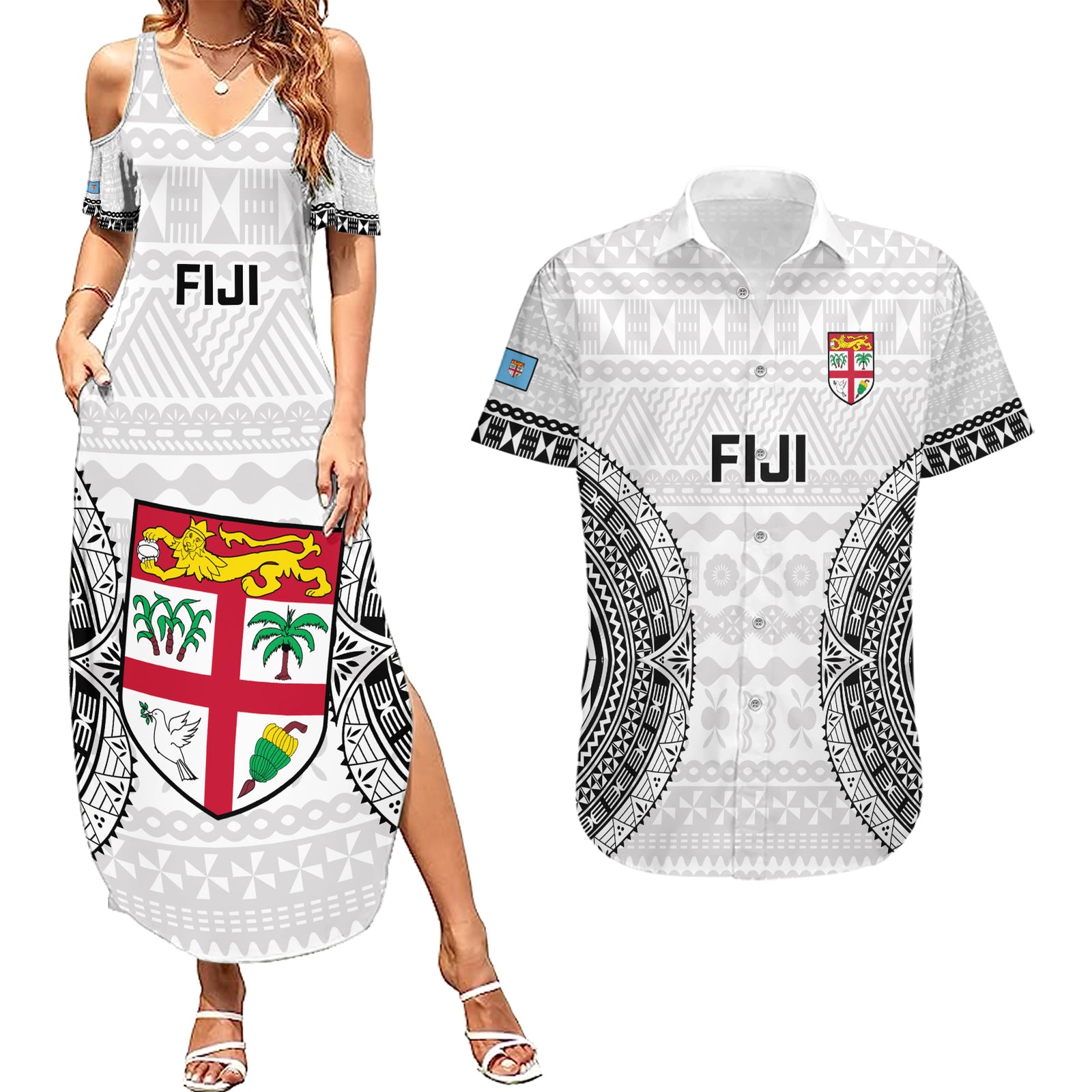 Custom Fiji Rugby Couples Matching Summer Maxi Dress and Hawaiian Shirt 2023 Go Champions World Cup Fijian Tapa Pattern LT14 White - Polynesian Pride