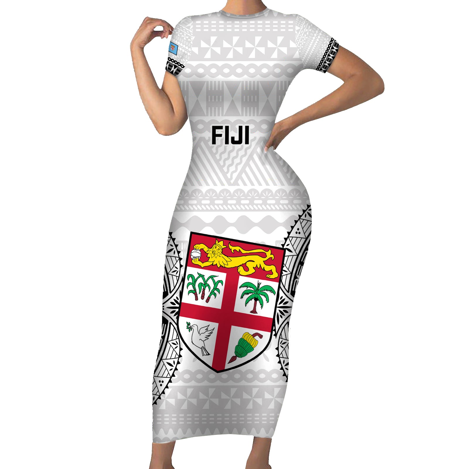 Custom Fiji Rugby Short Sleeve Bodycon Dress 2023 Go Champions World Cup Fijian Tapa Pattern LT14 Long Dress White - Polynesian Pride