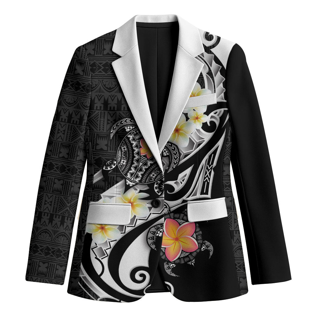 Bula Fiji Tapa Turtle Blazer Plumeria Fijian Masi Vonu Black LT14 Unisex Black - Polynesian Pride
