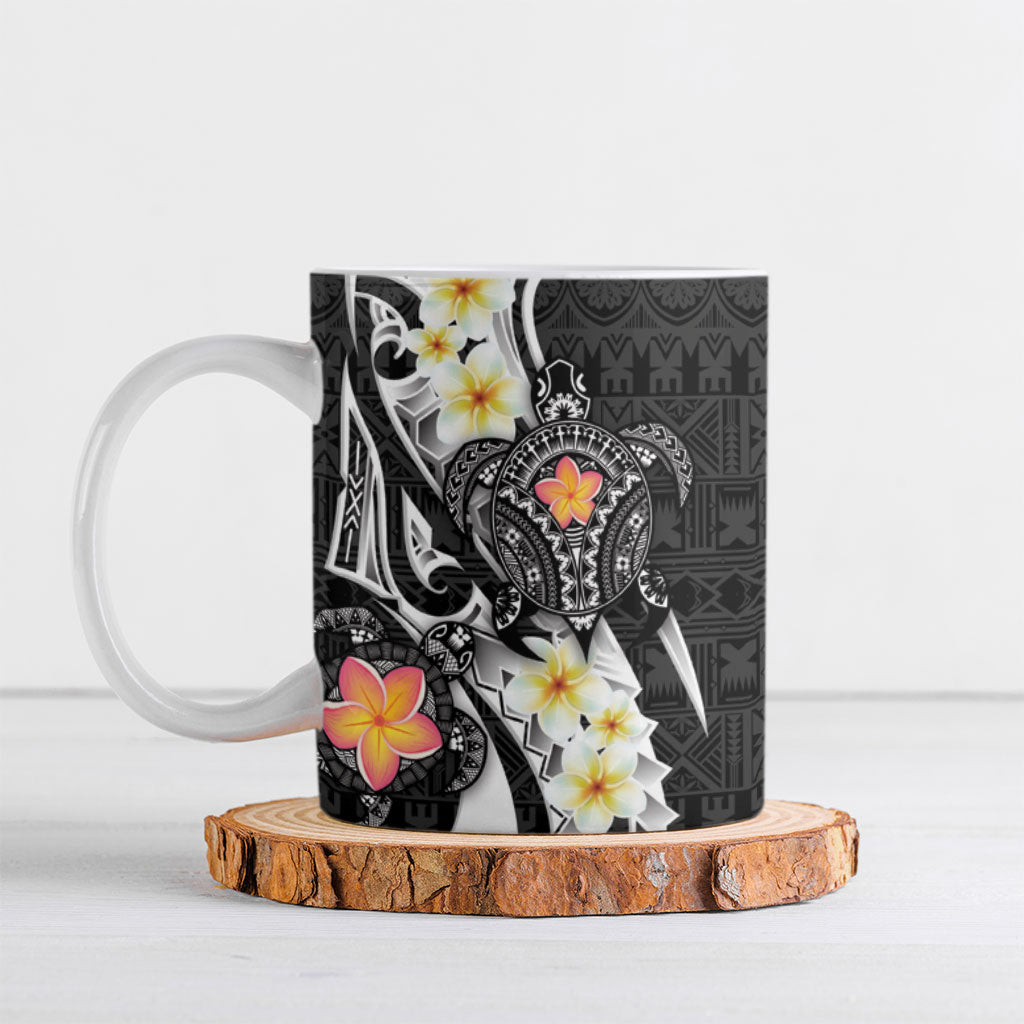 Bula Fiji Tapa Turtle Ceramic Mug Plumeria Fijian Masi Vonu Black LT14 Black - Polynesian Pride