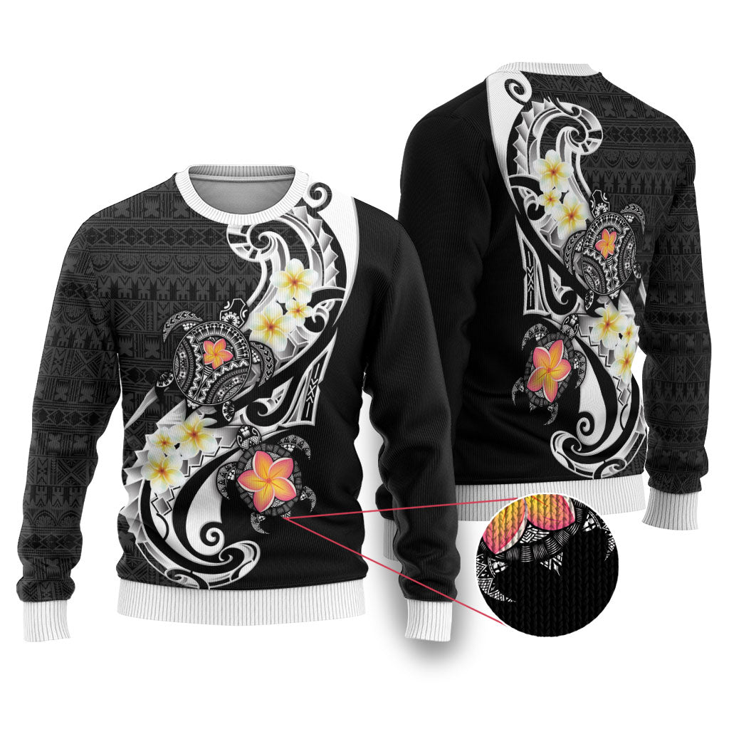 Bula Fiji Tapa Turtle Ugly Christmas Sweater Plumeria Fijian Masi Vonu Black LT14 Black - Polynesian Pride