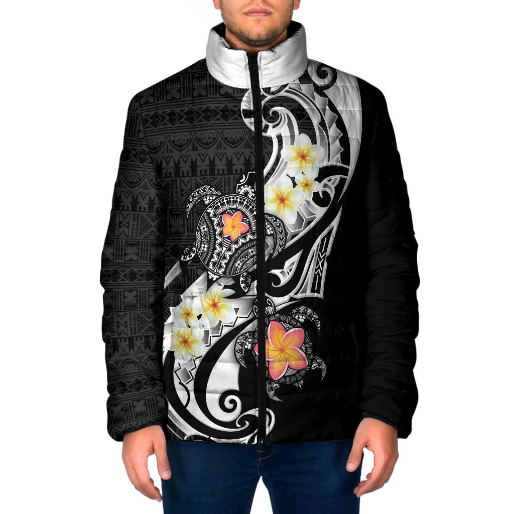 Bula Fiji Tapa Turtle Padded Jacket Plumeria Fijian Masi Vonu Black LT14 Men Black - Polynesian Pride
