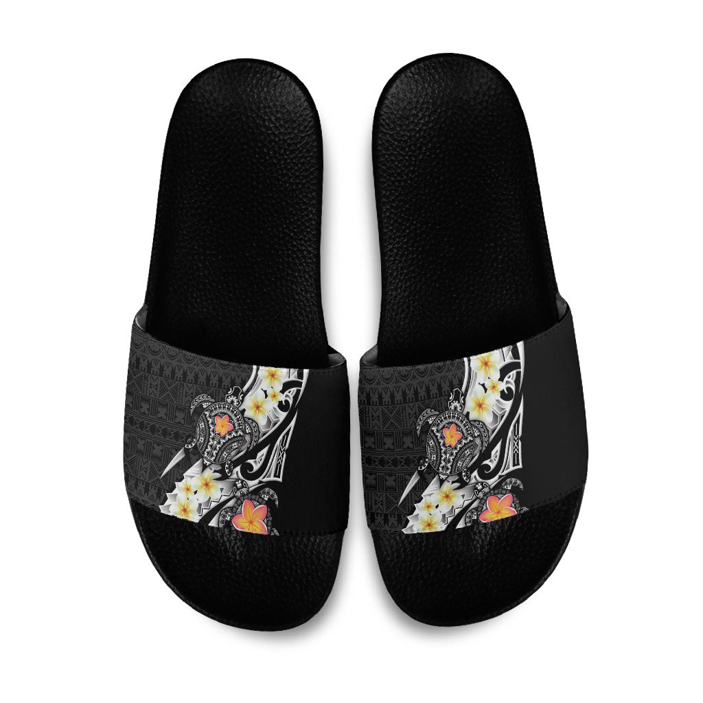 Bula Fiji Tapa Turtle Slide Sandals Plumeria Fijian Masi Vonu Black LT14 Black - Polynesian Pride