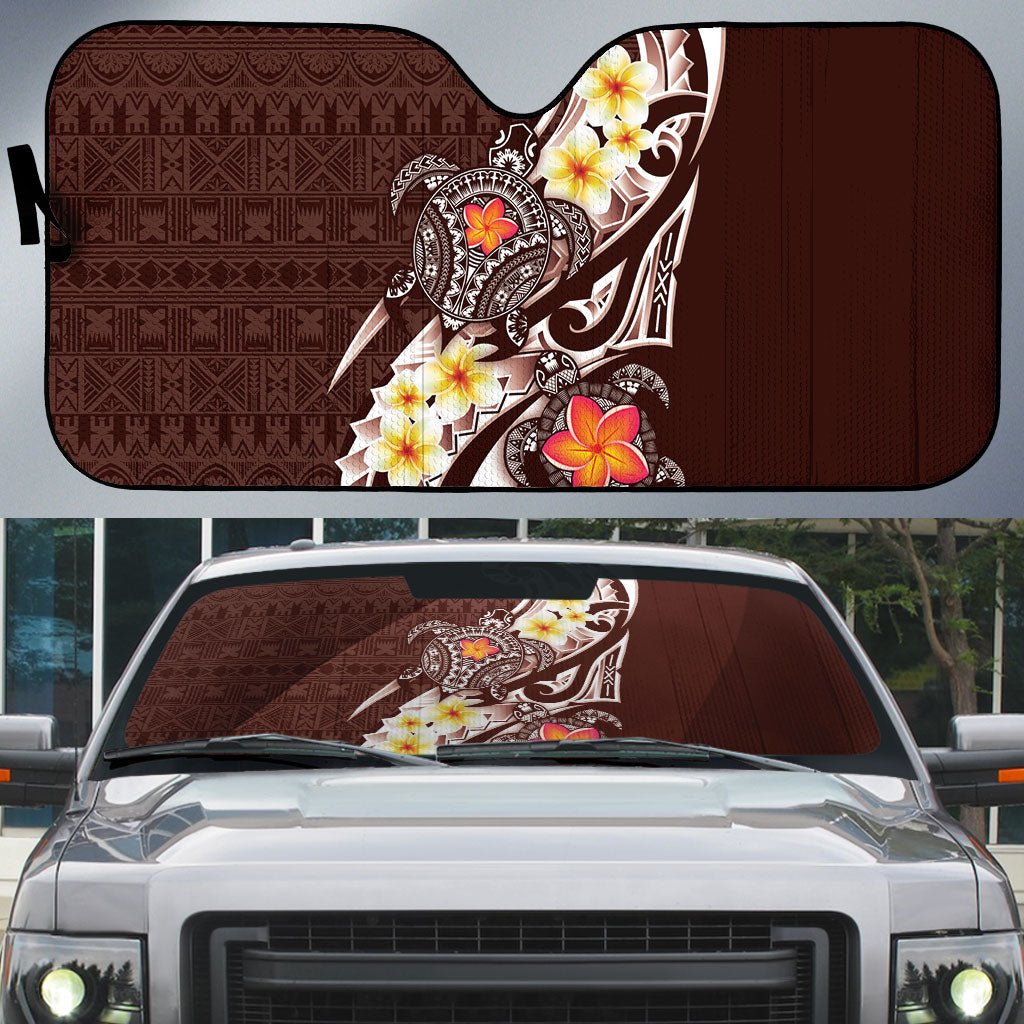 Bula Fiji Tapa Turtle Auto Sun Shade Plumeria Fijian Masi Vonu Brown LT14 Brown - Polynesian Pride