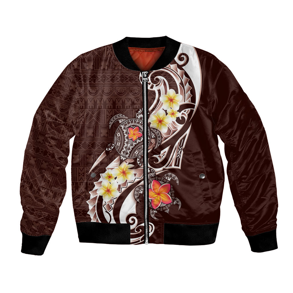 Bula Fiji Tapa Turtle Bomber Jacket Plumeria Fijian Masi Vonu Brown LT14 Unisex Brown - Polynesian Pride