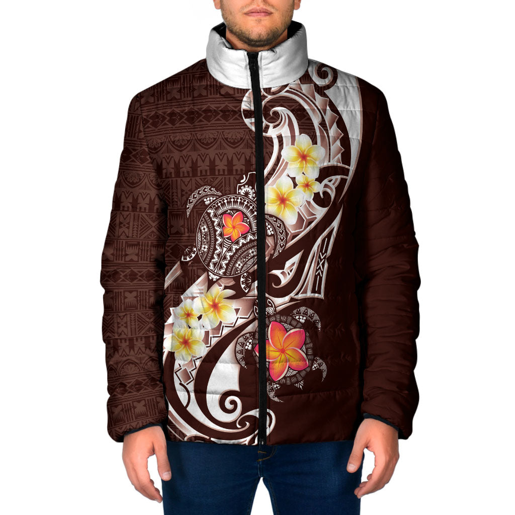 Bula Fiji Tapa Turtle Padded Jacket Plumeria Fijian Masi Vonu Brown LT14 Men Brown - Polynesian Pride