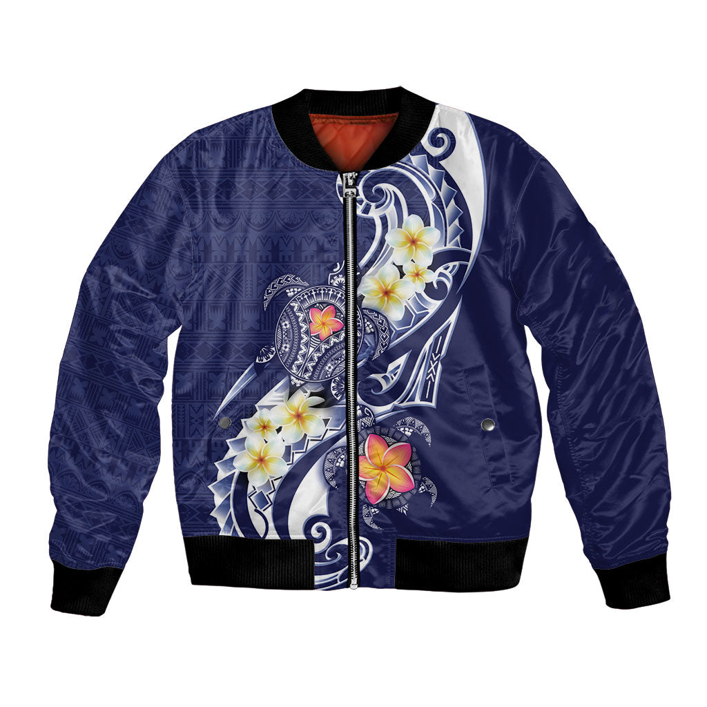 Bula Fiji Tapa Turtle Bomber Jacket Plumeria Fijian Masi Vonu Midnight Blue LT14 Unisex Midnight Blue - Polynesian Pride
