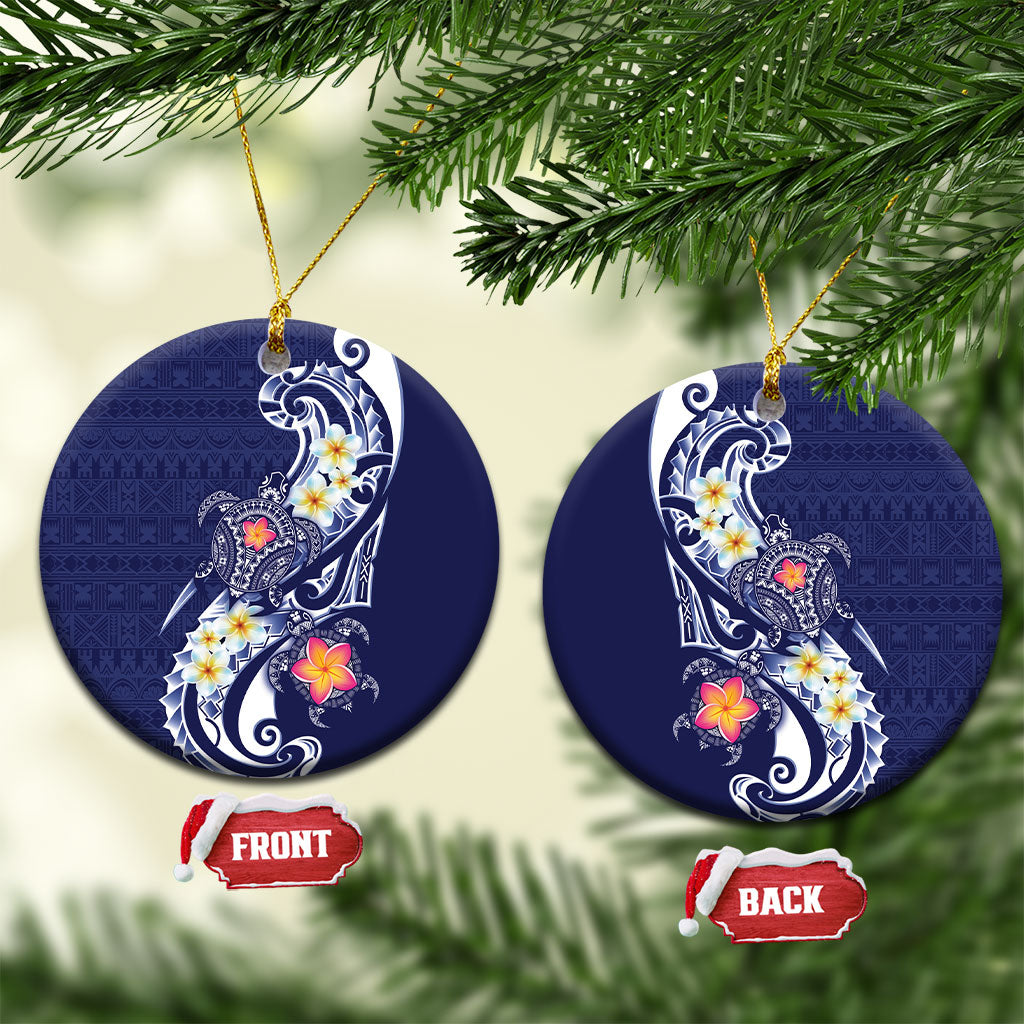 Bula Fiji Tapa Turtle Ceramic Ornament Plumeria Fijian Masi Vonu Midnight Blue LT14 Circle Midnight Blue - Polynesian Pride