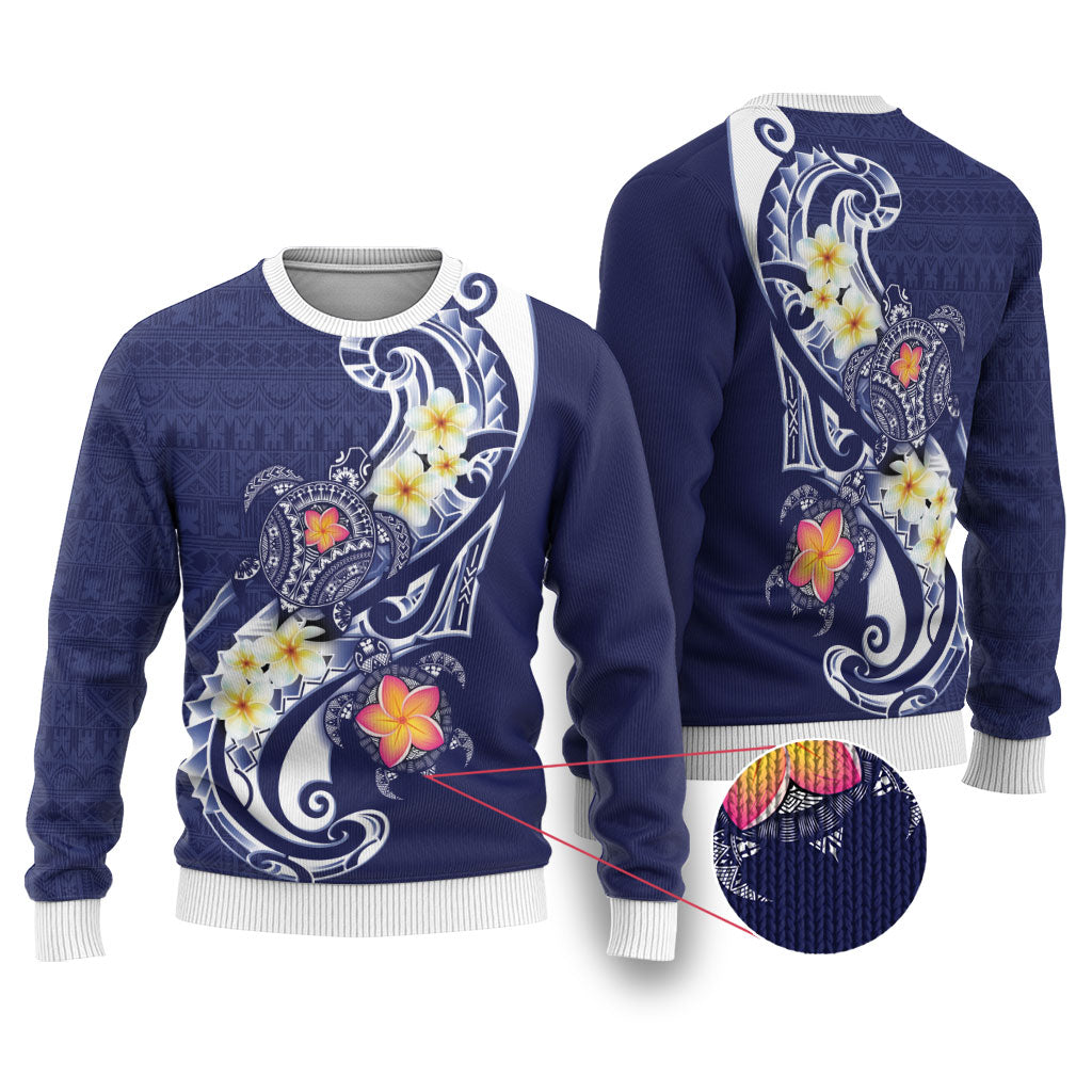 Bula Fiji Tapa Turtle Ugly Christmas Sweater Plumeria Fijian Masi Vonu Midnight Blue LT14 Midnight Blue - Polynesian Pride