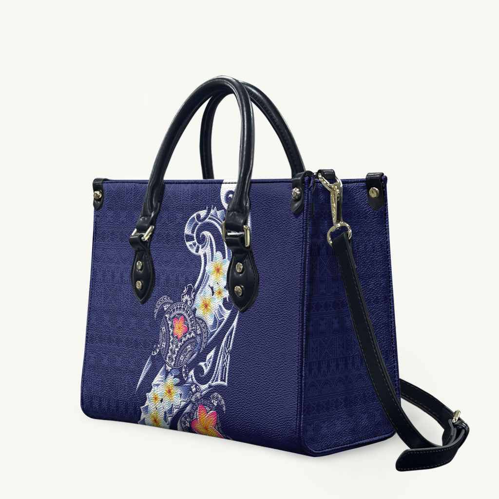 Bula Fiji Tapa Turtle Leather Bag Plumeria Fijian Masi Vonu Midnight Blue LT14 Midnight Blue - Polynesian Pride
