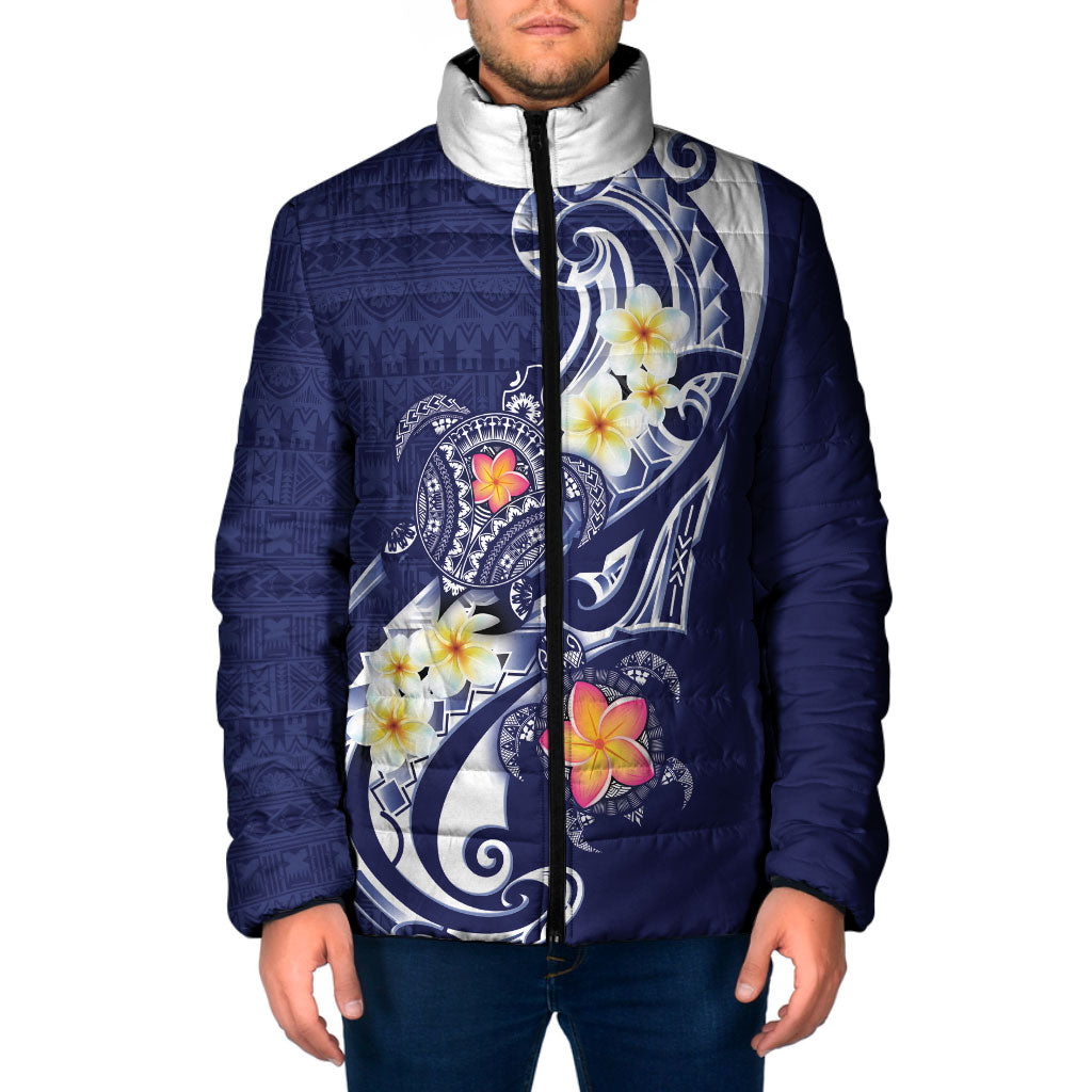 Bula Fiji Tapa Turtle Padded Jacket Plumeria Fijian Masi Vonu Midnight Blue LT14 Men Midnight Blue - Polynesian Pride