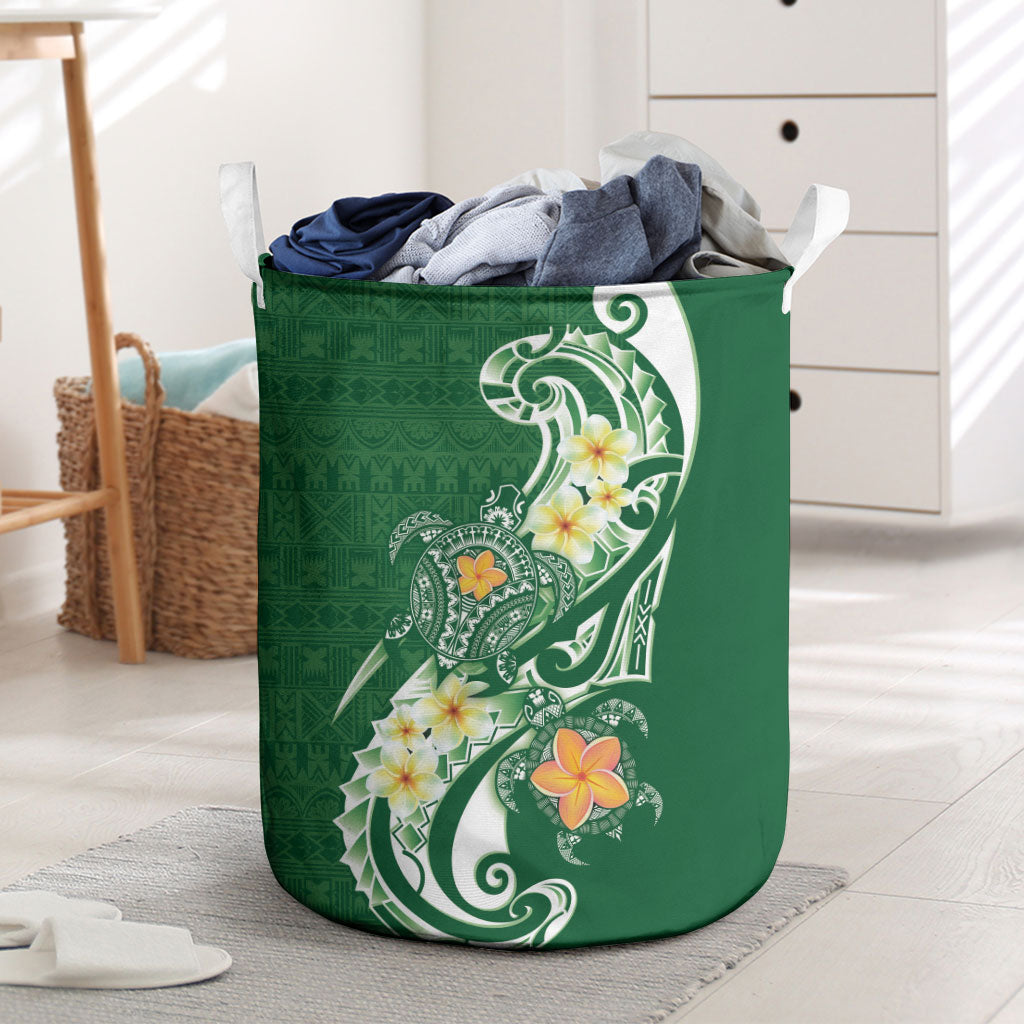 Bula Fiji Tapa Turtle Laundry Basket Plumeria Fijian Masi Vonu Green LT14 Green - Polynesian Pride