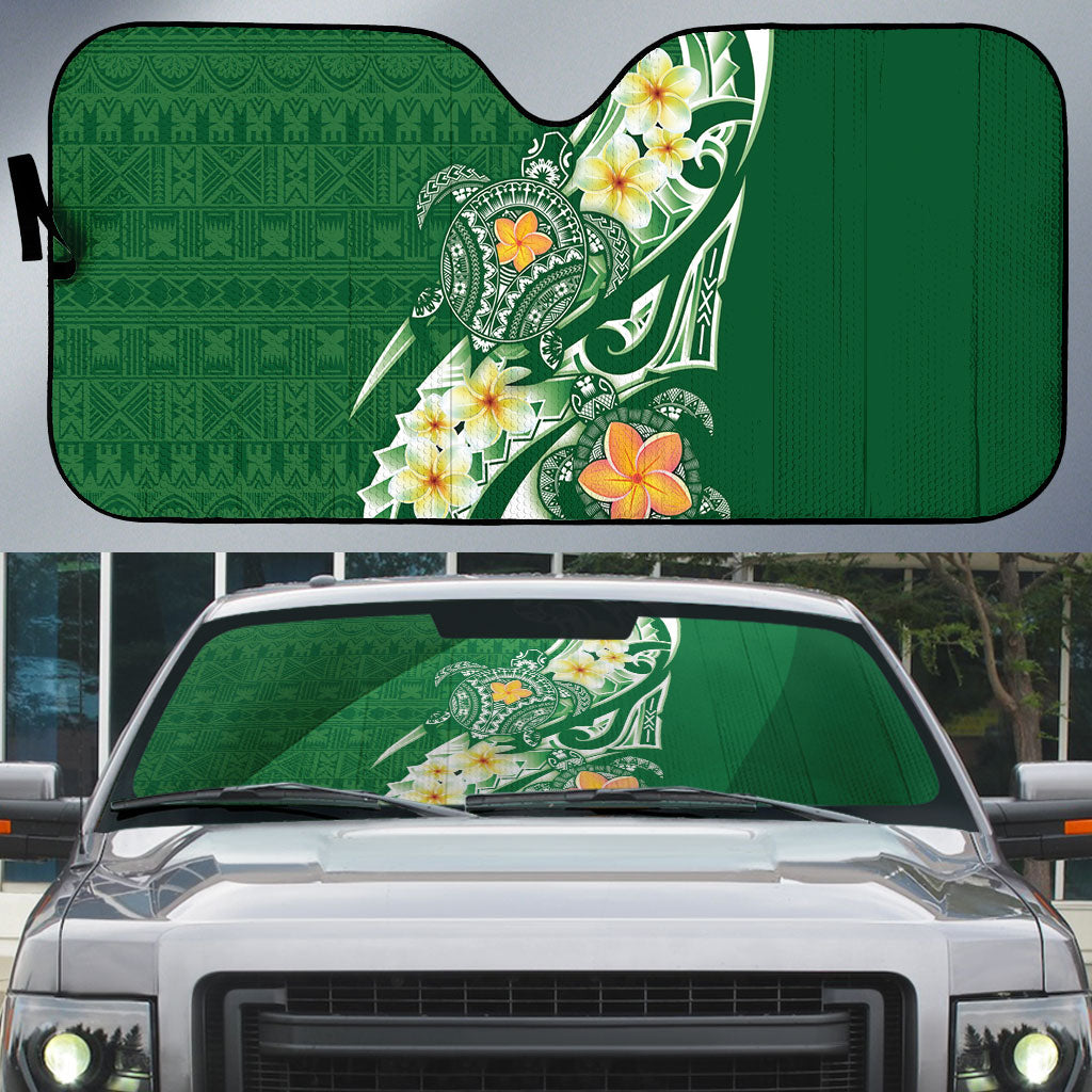 Bula Fiji Tapa Turtle Auto Sun Shade Plumeria Fijian Masi Vonu Green LT14 Green - Polynesian Pride
